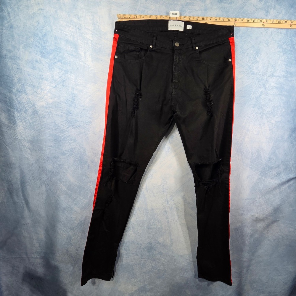 Lakenzie Mens Distressed Skinny Jeans Black Red Side Stripe Ankle Zip Size Large